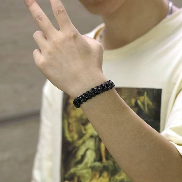 Luxury Men Prong Settling 12mm Miami Cuban Bracelet 3 Rows Black Gold Men Moissanite Cuban Link Chain in 925 Silver