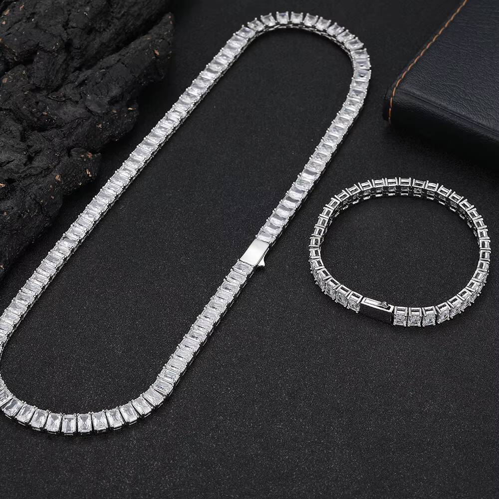 Moissanite Womens 18K Gold Plated Brass Tennis Chain Necklace 6mm Rectangular Zircon Hip Hop Fine Jewelry Tennis Chains Necklaces