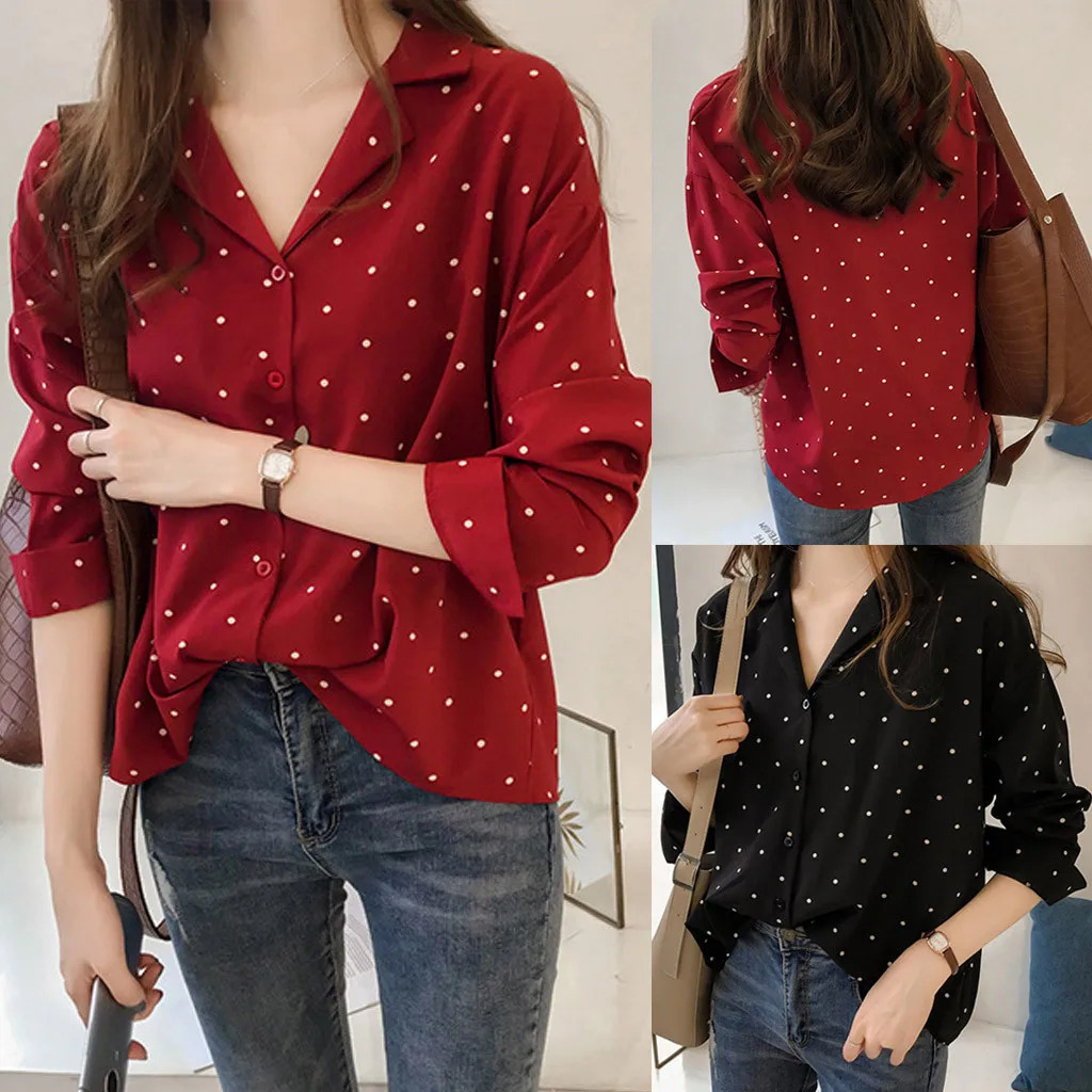 Women Casual Long Sleeve Polka Dot Turn-Down Collar Tops Button Shirts Female Autumn Commute Vintage Camisas De Mujer Elegant 250417
