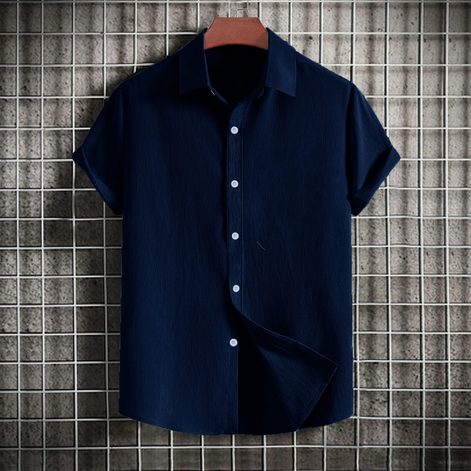 Mens casual short-sleeved solid color lapel shirt 250417