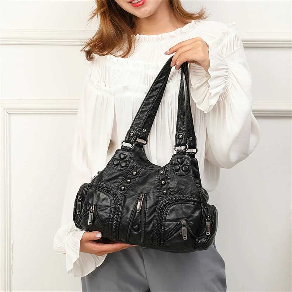 Y2k Women Shoulder Bag Vintage Punk Goth Fashion Designer Leather Tote Bag Large Capacity Rivet Motorcycle HandbagW251117