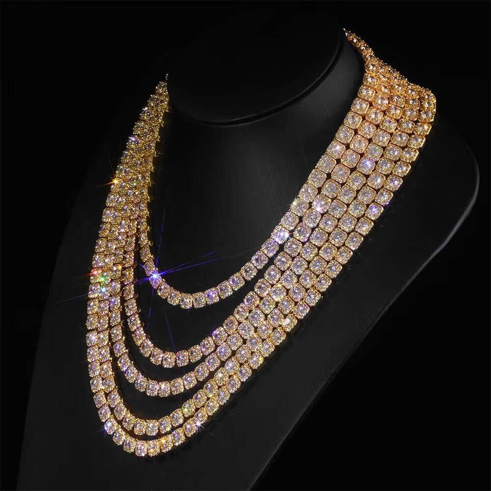 Laboratory cultivation of Moissanite Iced Out Cluster Tennis Chain Necklace 7mm Gold Plated Shiny Diamond Cut CZ Thin Fine Hip Hop Jewelry