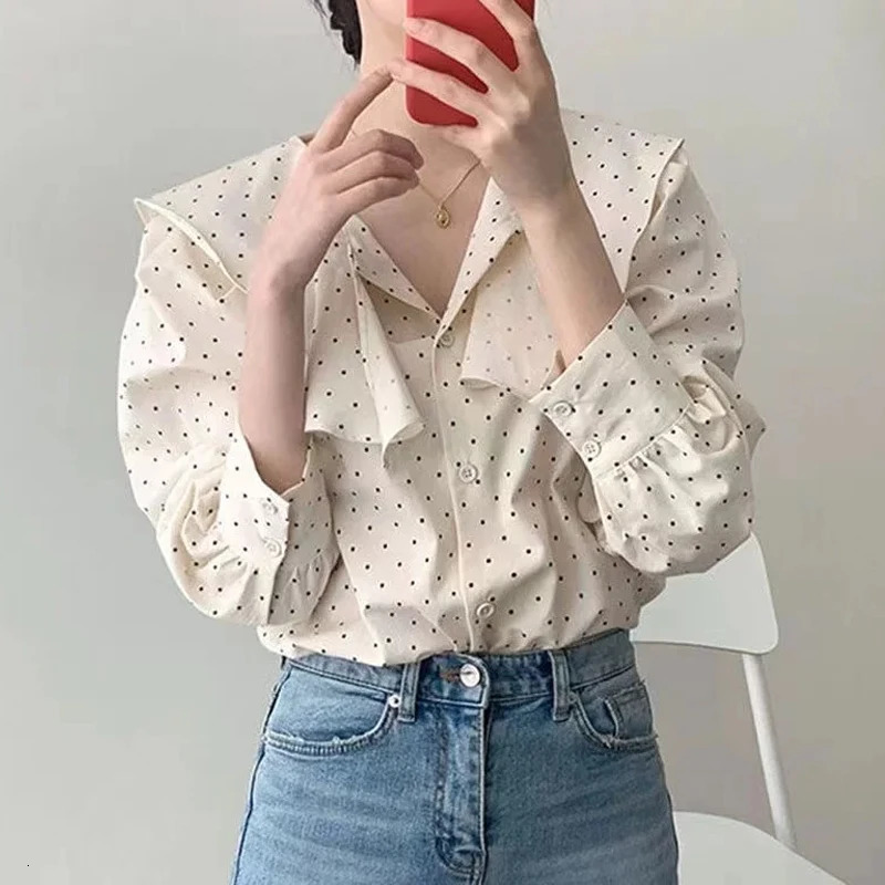 Elegant Polka Dot Women Blouse Spring Loose Long Sleeve Korean Irregular Peter Pan Collar Shirt Casual Ruffled Tops Blusas 250417