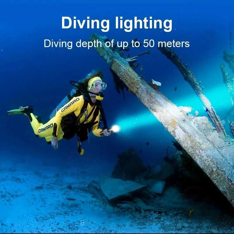 Diving flashlight charging strong light XHP70 focusing long flashlight waterproof night diving lighting without battery M251117