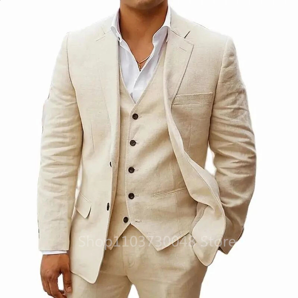 Light BlueBeige Linen Notch Lapel Slim Fit Summer Men Suits 3 Piece Groom Tuxedos Blazer Pants Sets Wedding Prom Costume Homme 250415