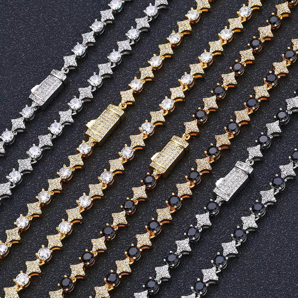 Moissanite 6mm Sparkling Diamond Tennis Chain Necklace Spring Lock Clasp Round Zircon Star Design Iced Out Chain Hip Hop Jewelry