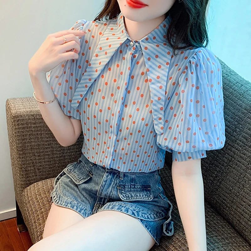 Fashion Summer Polka dot Print Elegant Shirts Loose Turn down Collar Short Puff Sleeve Blouses Vintage Casual Blue Tops 27484 250417