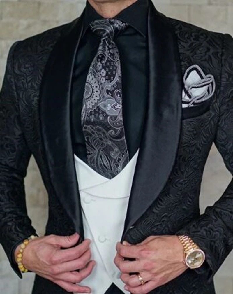 Costume Homme Jacquard Men Suits Shawl Lapel Business Wedding Tuxedos Slim Fit Groom Blazer Vest Pants for Prom Party 3 Pieces 250415