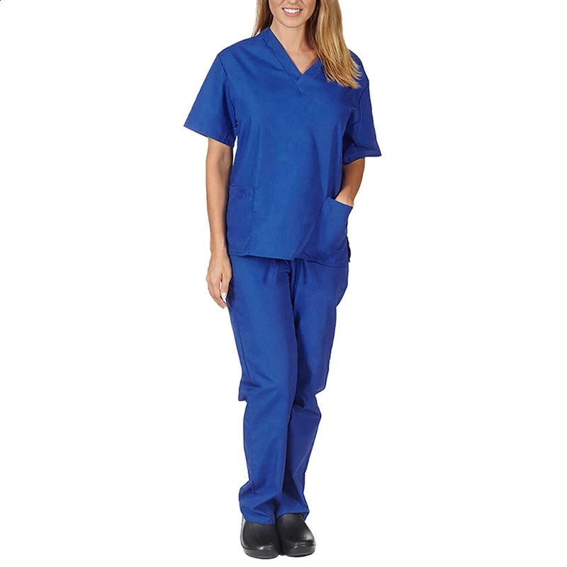 Solid Color V-Neck Short Sleeve Nurse Workers Uniform Women Hospital Doctor Nursing Workwear Set Dental Surgery Clothes 250415