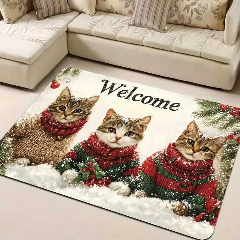 VIKAMA 3 Cats Christmas Welcome Doormat - Polyester with PVC Backing Machine Washable Rug for Multi-Room Holiday DecorM251117
