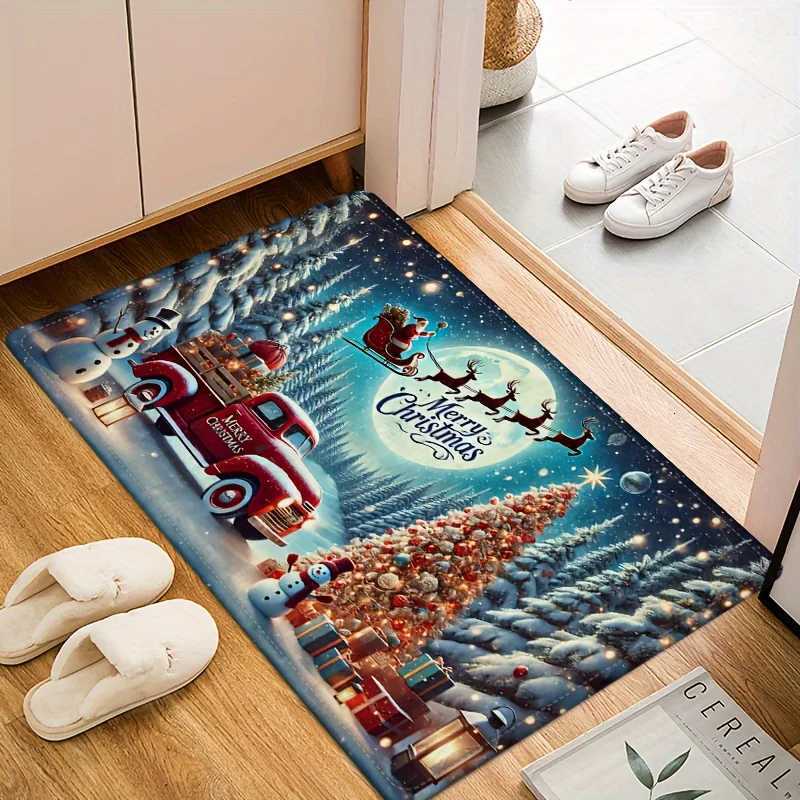 Open-1pc Winter Christmas Door Mat Flannel Thickness Winter Christmas Little Red Car Print Non-Slip Mat ComfortableM251117