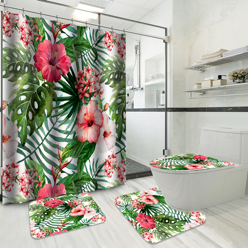 YL-37731 Hot Selling Shower Curtain 4-Piece Set, Green Plant Series, Waterproof and Mildew-Proof Shower Curtain, No Drilling Required