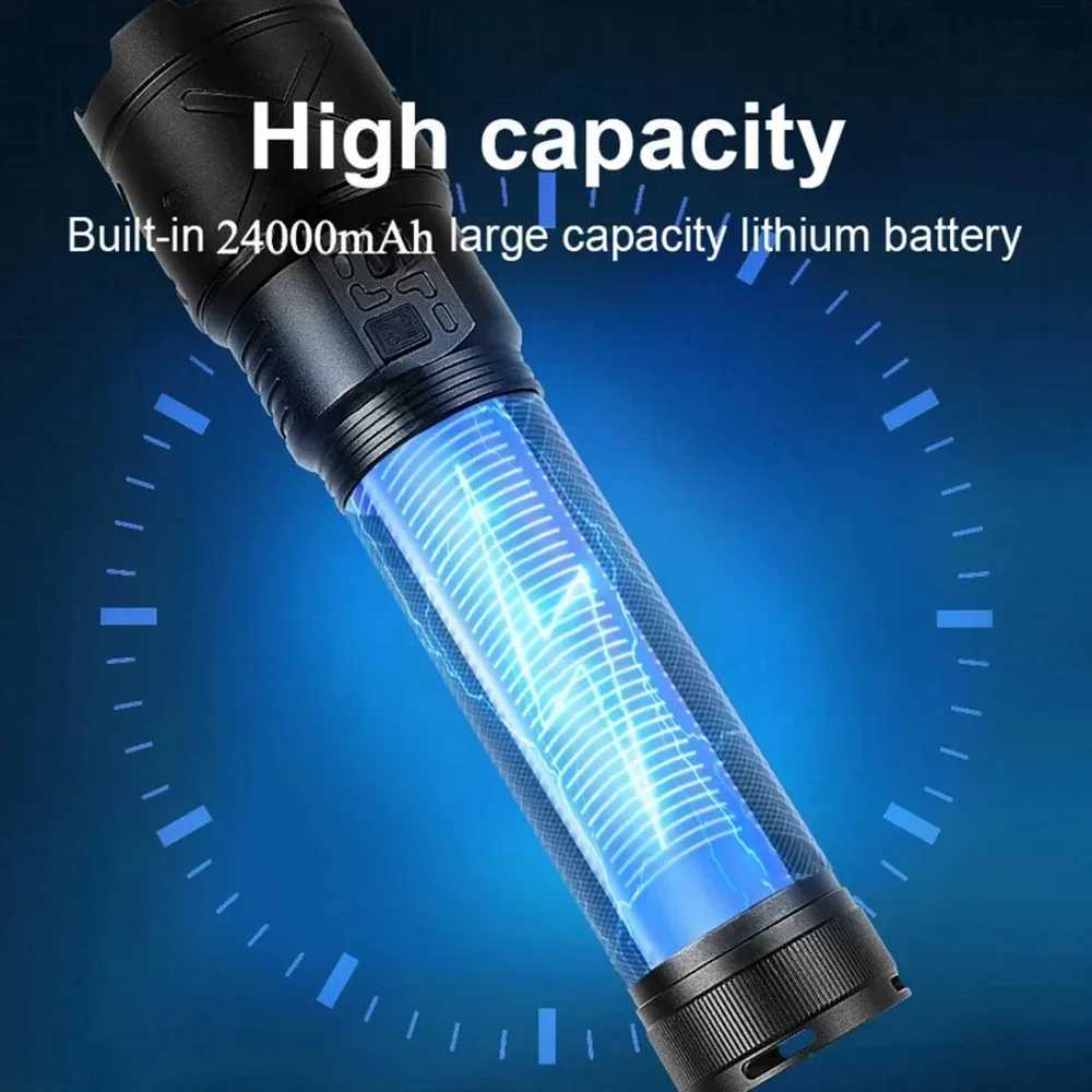 24000mAh Ultra Bright LED Flashlight USB Rechargeable Zoom Flashlights Long Range 8000M Tactical Torch Camping Fishing Work Lamp M251117