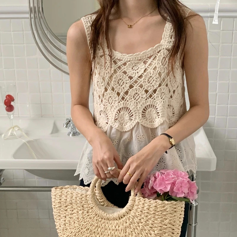 REALEFT Summer Bohemian Lace Crochet Womens Tank Tops 2025 Sleeveless Square Collar Hollow Out Knitwear Vest Tee for Women 250417