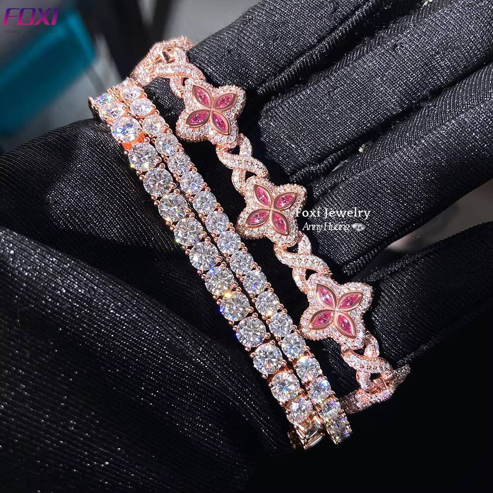 Rose Gold 15mm VVS Moissanite Clover Bracelet Men Hip Hop Iced Out 925 Silver Moissanite Clover Link Bracelet Tennis Bracelets