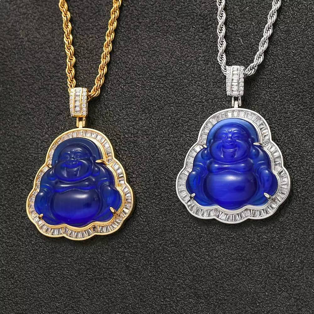 Mens Hot Sale Diamond Jade Laughing Gold Plated Jewelry Iced Out Green Buddha Pendant