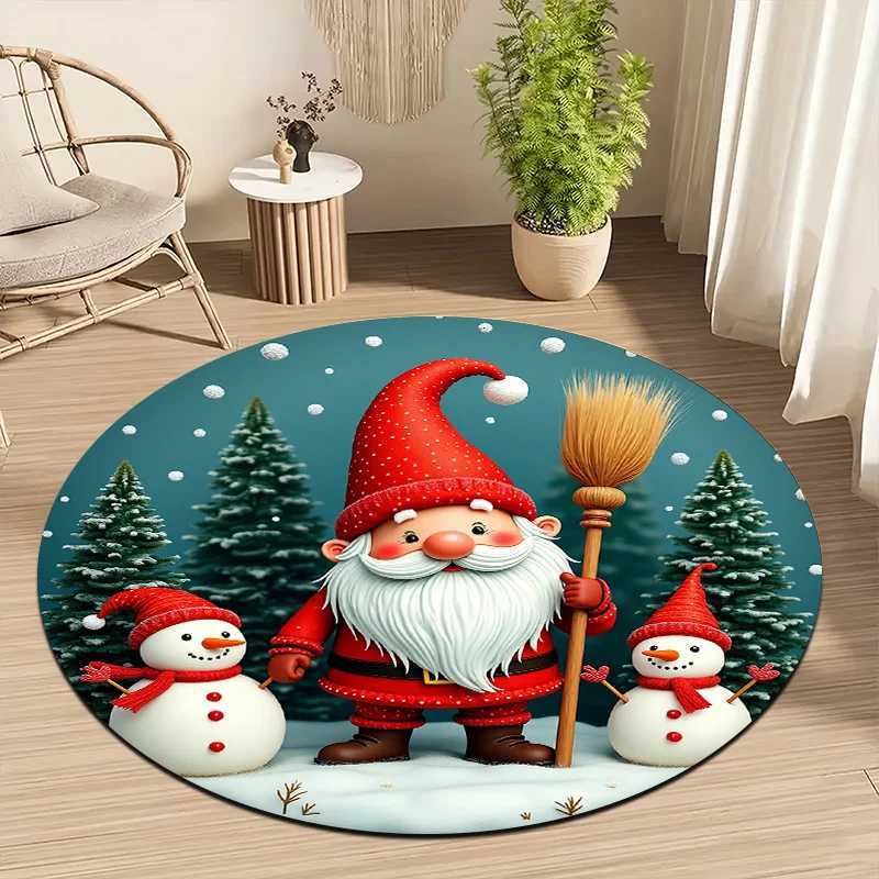 1pc Christmas Mat with Santa Snowmen - Non-Slip Round Mat Turquoise Winter Mat for /Outdoor Use Machine Washable Soft DecorM251117