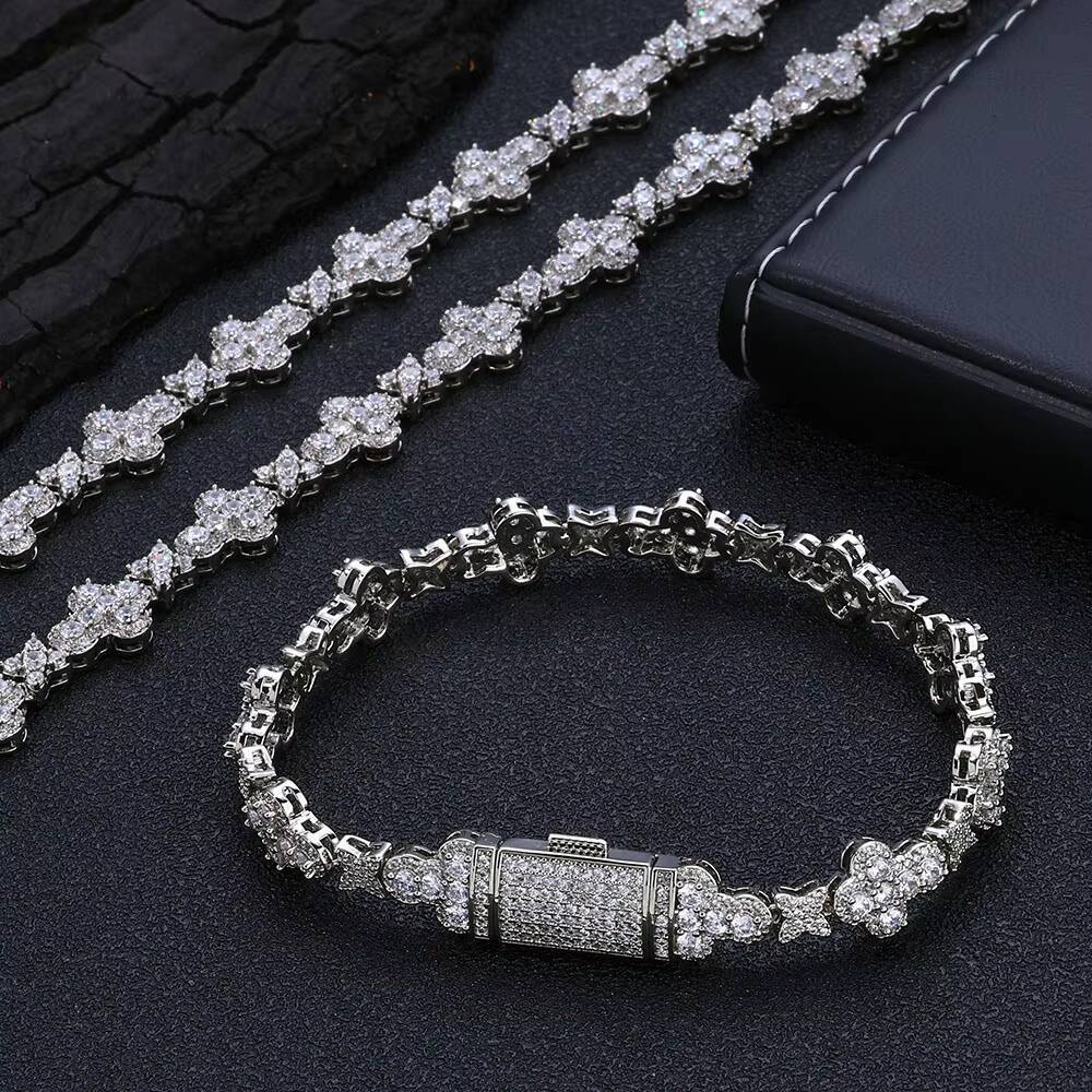 Moissanite 10MM Cross Flower Chain Bracelet 18K Gold Plated Micro Pave CZ Diamond Iced Out Hip Hop Fashion Jewelry Gift
