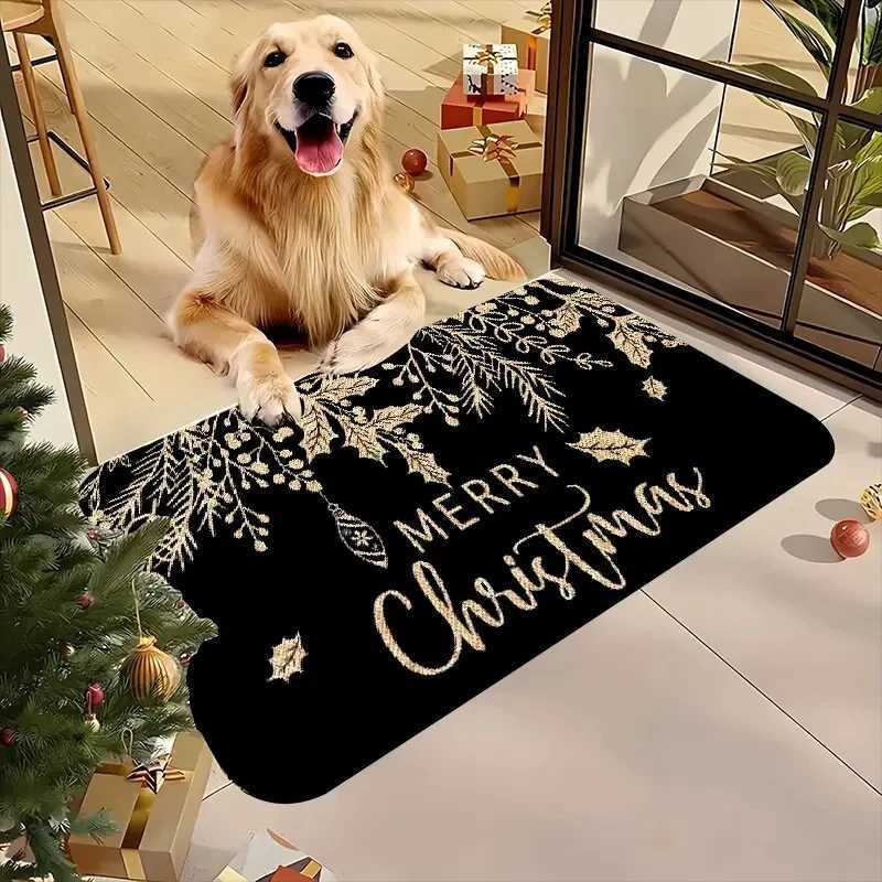 Merry Christmas Black Gold Leaf Welcome Floor Mat-Machine Washable Flannel Material Suitable For Living Room Bedroom BathroomM251117