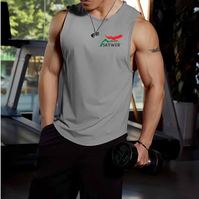 Summer musthave for mens fitness quick drying mesh gym vest sleep free casual running shirt printed fashionable 250411Z
