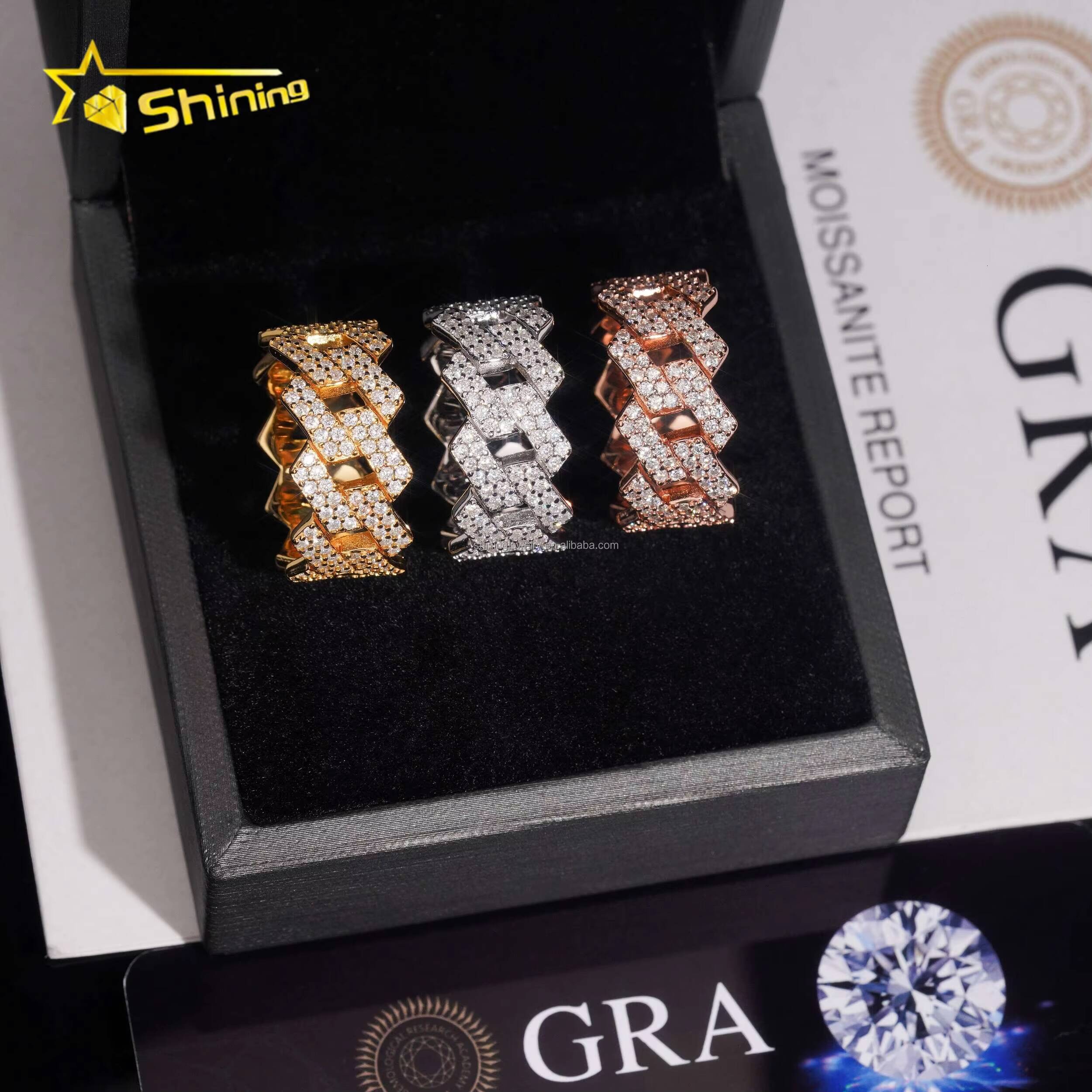 Bulk Stock Drop Shipping Fire Shining Jewelry Iced Out Man Jewelry Hip Hop 925 Silver Jewelry Moissanite Diamond Cuban Band Ring