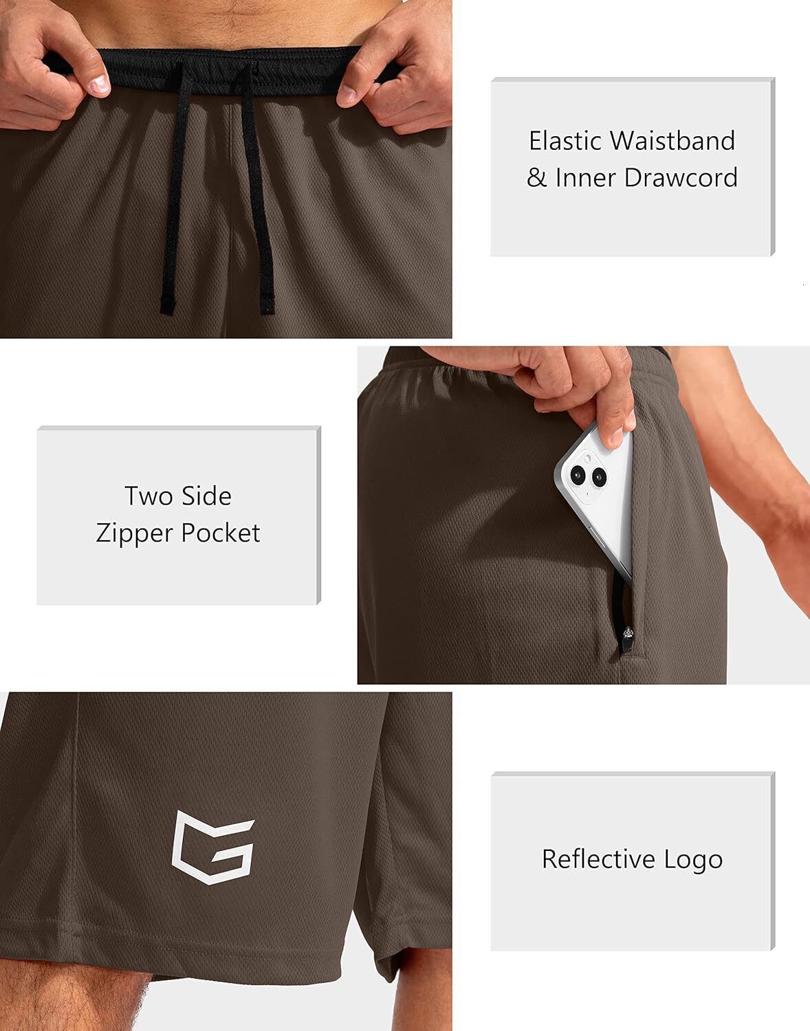 Men's basketball with zippered pockets, lightweight and quick drying, 27.94 cm long, men's sports gym shorts