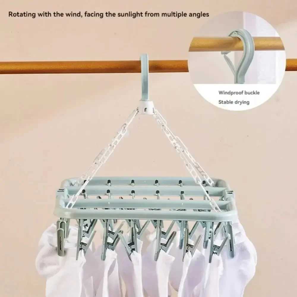 32-clips Folding Hangers Multi-Functional Windproof Socks Clip Drying Hangers Household Organizers Storage Plastic Clothing Clip C251117