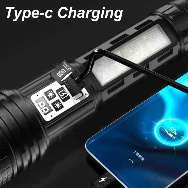 Super Big Flashlight USB Rechargeable Most Strong LED Flash Light Long Range Torch Zoom Outdoor With Digital Power Display M251117