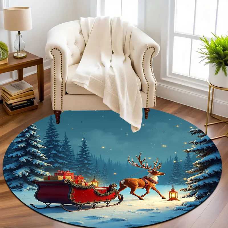 1pc Reindeer Sleigh Snowy Forest Round Mat - Non-Slip Machine Washable Circular Mat with Santa Sleigh Reindeer Design SoftM251117