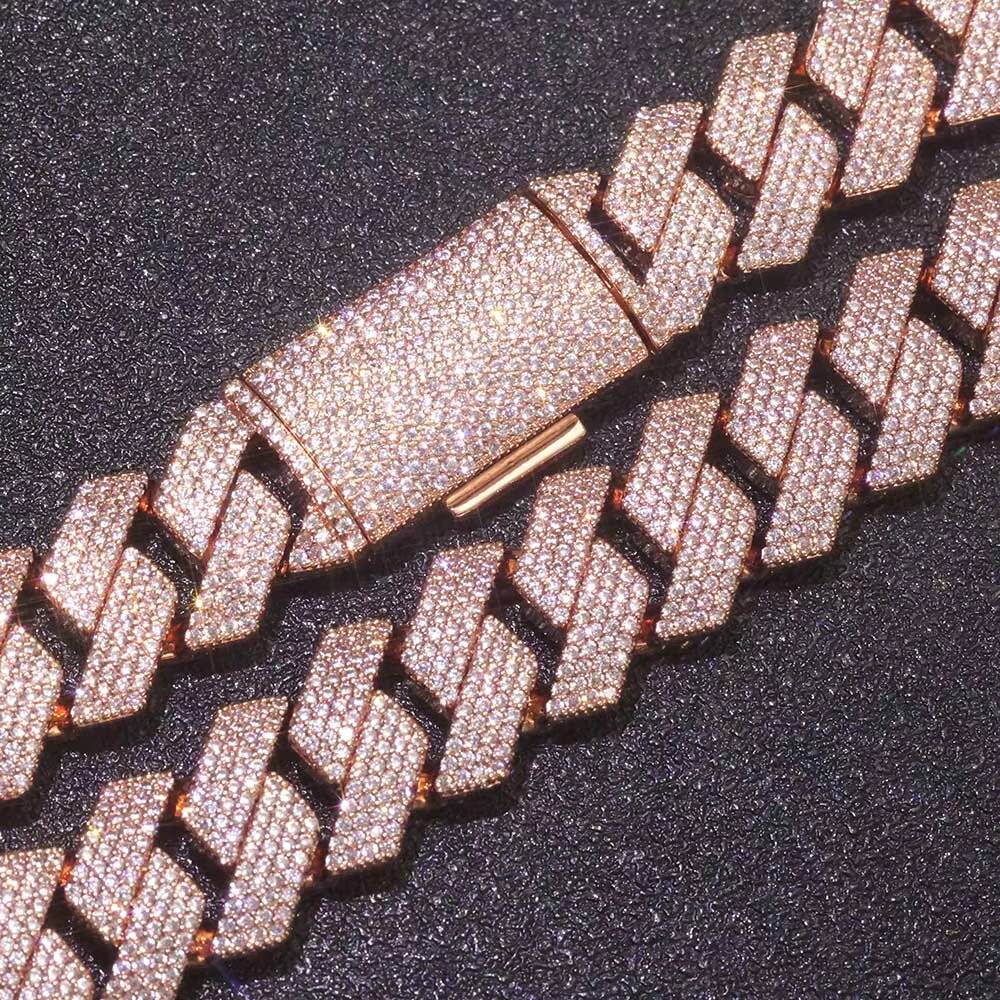 Moissanite Luxury Miami Cuban Link Chain Necklace 15mm 4 Row Iced Out CZ Prong Rose Gold Plated Hip Hop Jewelry