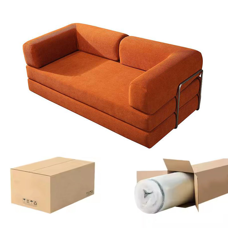 Compressed Foldable Sofa Bed, Convertible Multi-Functional Couch Bed, Space-Saving Orange Fabric Sofa with Metal Accents, Easy to Store & Assemble