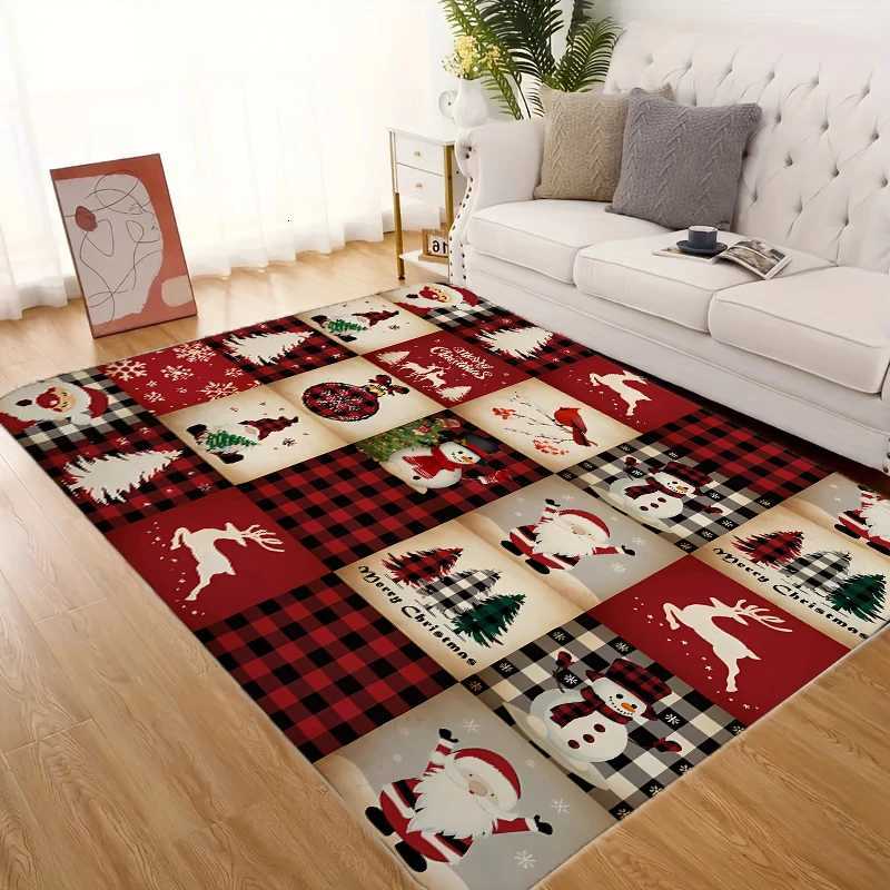 Merry Christmas Red Plaid Rug Elk Santa Snowman Xmas Tree Carpet for Home Living Room Bedroom Sofa Decor Anti-slip Floor MatM251117