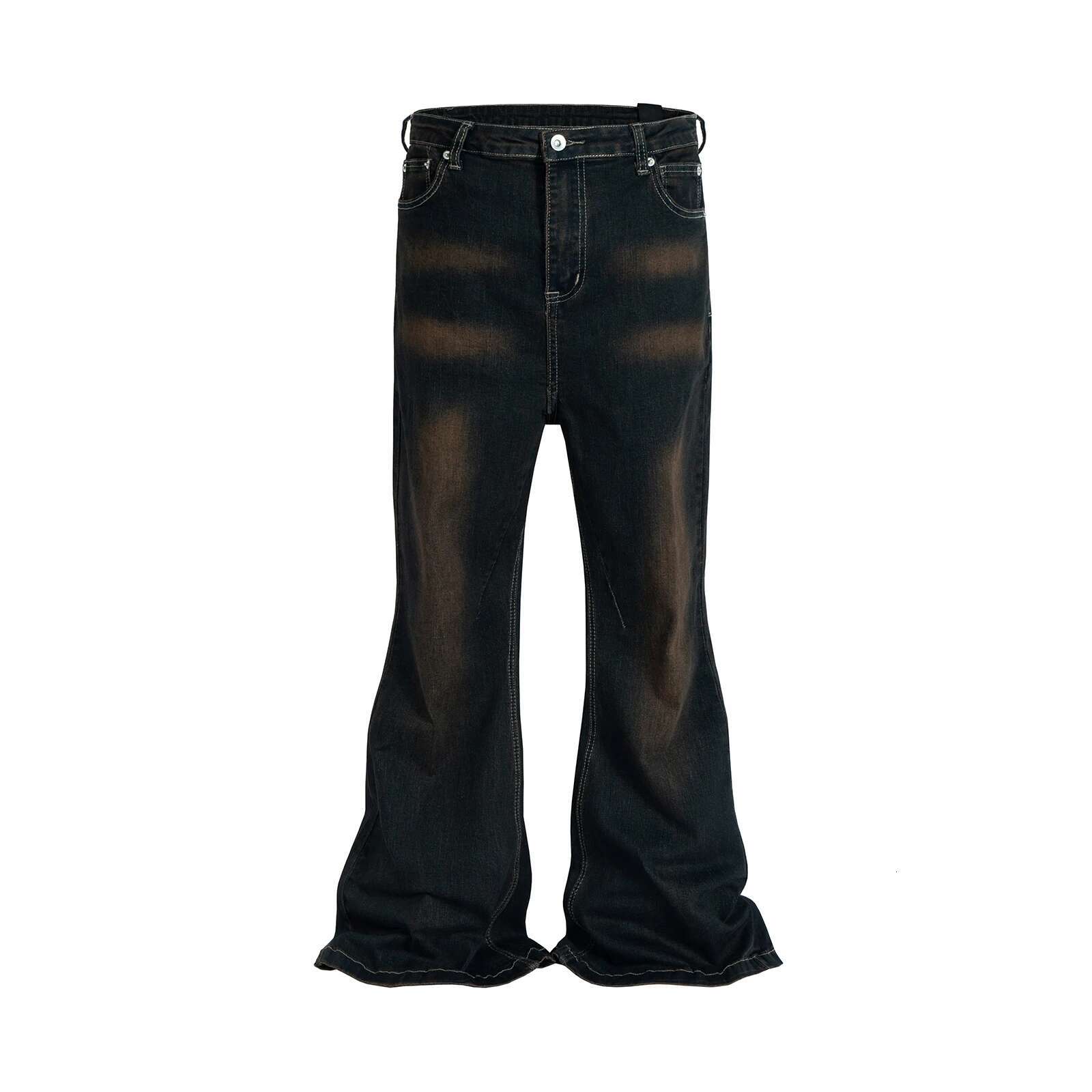 RO Ribbons Contrast Color Washed Micro Flared Jeans For Men Straight Casual Baggy Denim Trousers Ropa Hombre Loose Cargo Pants