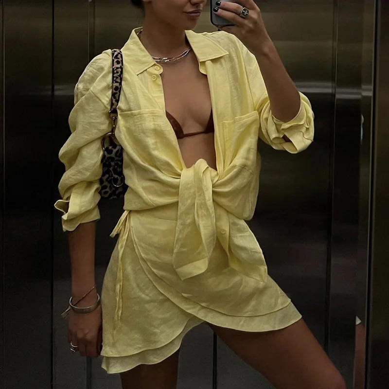 Holiday long sleeved single corset womens set casual lace up mini skiing suit 2025 summer seaside beach sunscreen suit 250414Z