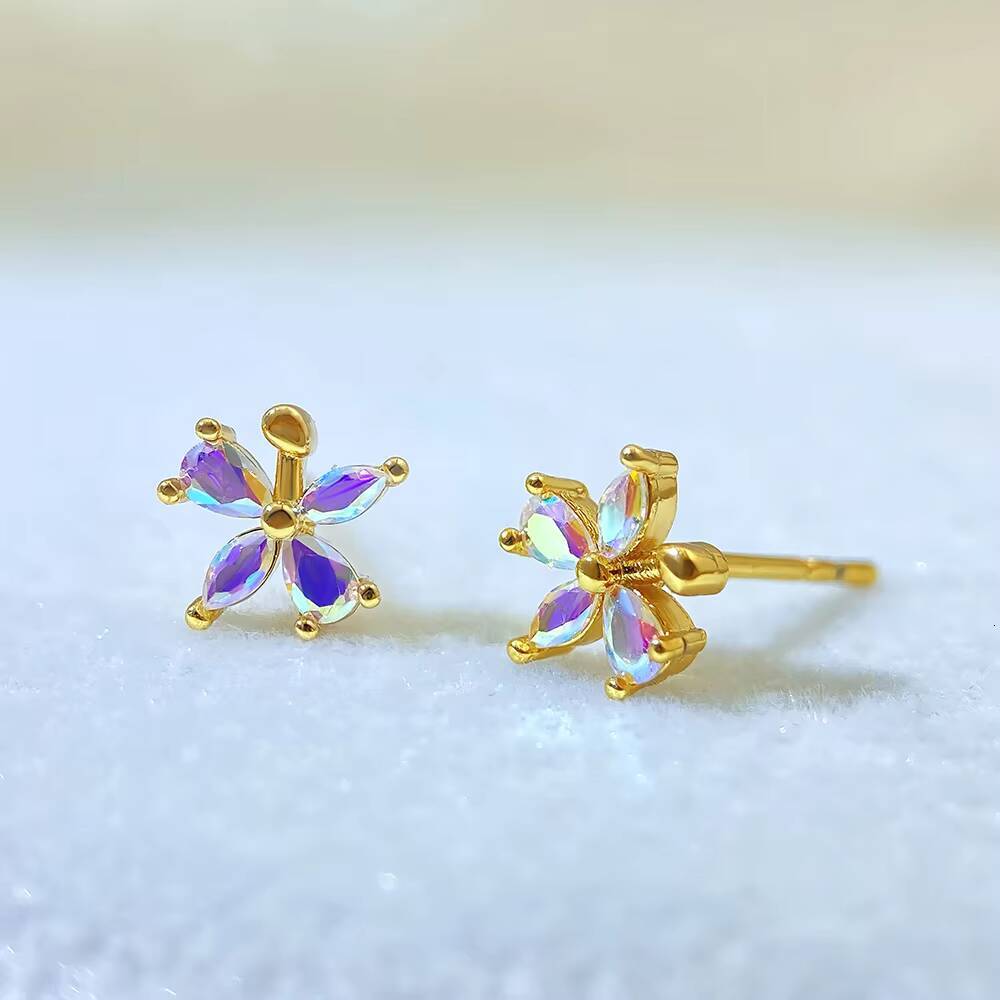Wholesale Elegant Floral S925 Sterling Silver Stud Earrings Gold Plated with Zircon Stone Cute Style for Anniversary and Party