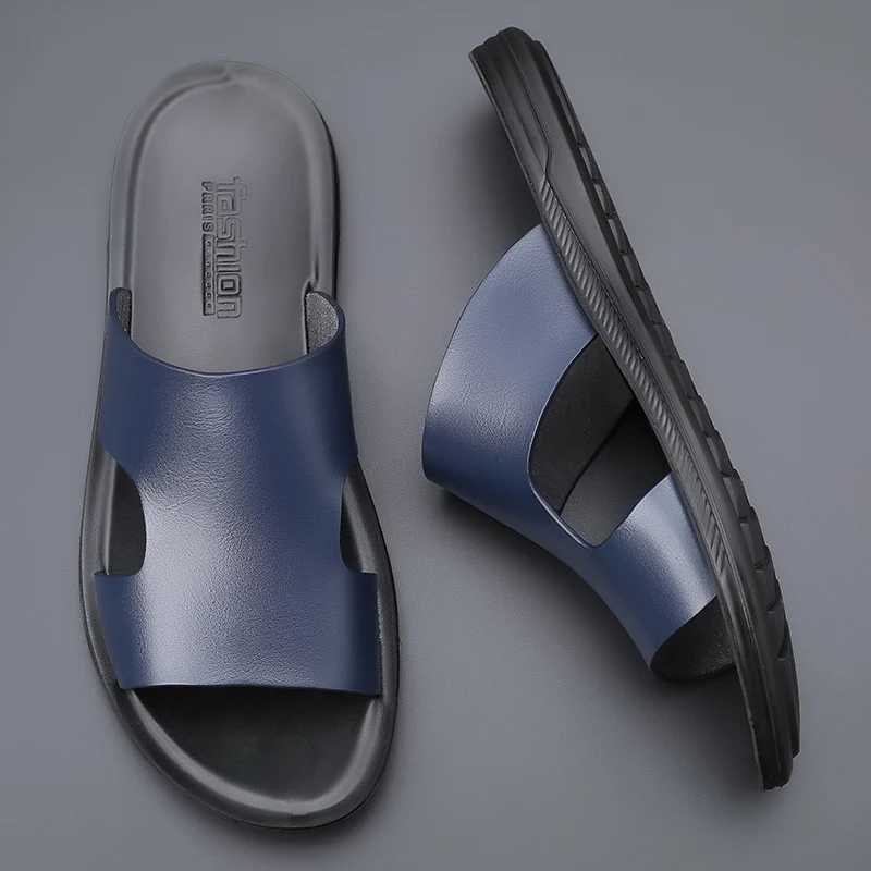 Yomior New Fashion Casual Mens Shoes Apartment Summer Slide Outdoor Sandals Beach Work Slide Soft Leather Flip Shoes Designer Y250417