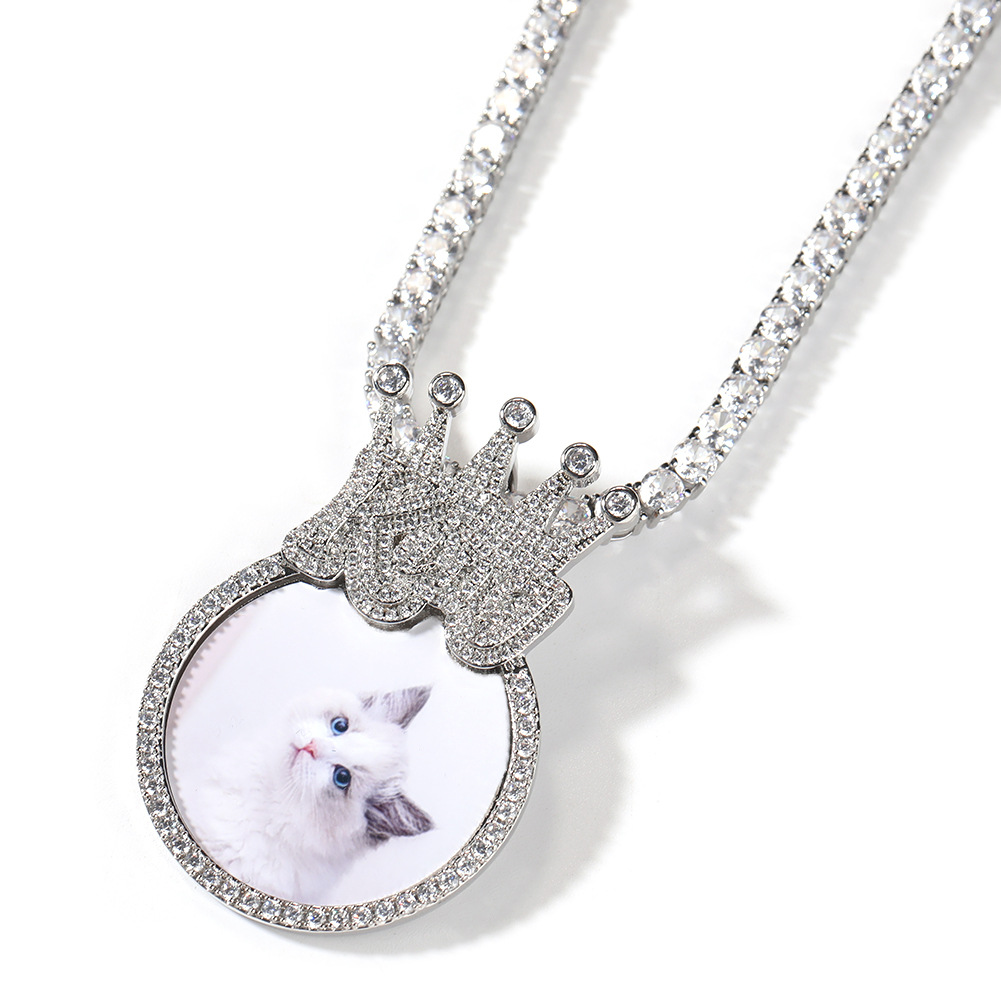 Custom Hip-Hop Personality Photo Pendant Copper Zircon Solid DIY Creative Circle Photo Necklace Round Picture Customized Chain Accessory