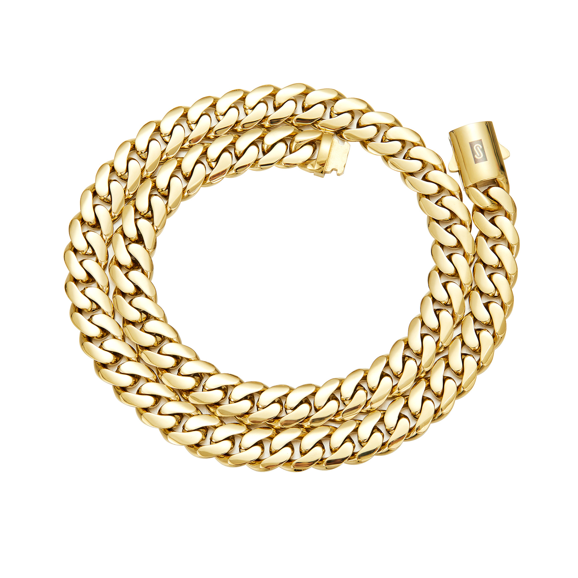 Hip Hop Solid Stainless Steel Cuban Chain Necklace 14K Gold Plated Spring Clasp Jewelry Accessories