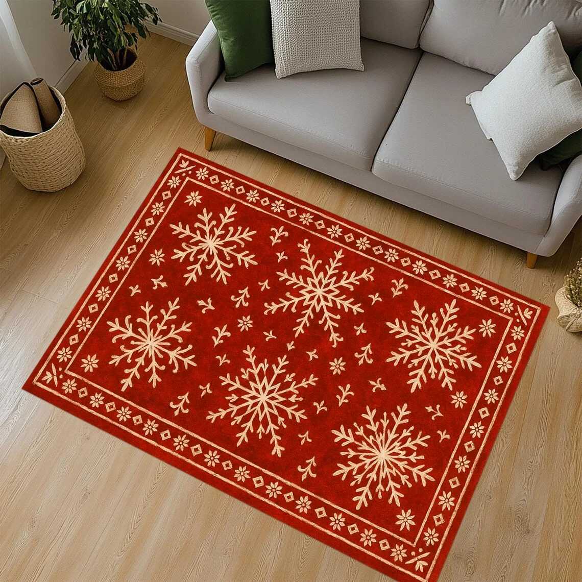 Snowflake Christmas Rug Merry Christmas Carpet Holly Xmas Floor Mat Christmas Area Rug DecorM251117