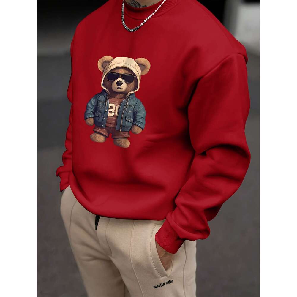 Men's Casual Polyester Sweatshirt With Creative Teddy Bear Print - Crew Neck, Loose Fit, Slight Stretch, Knit Fabric, Long Sleeve Pullover