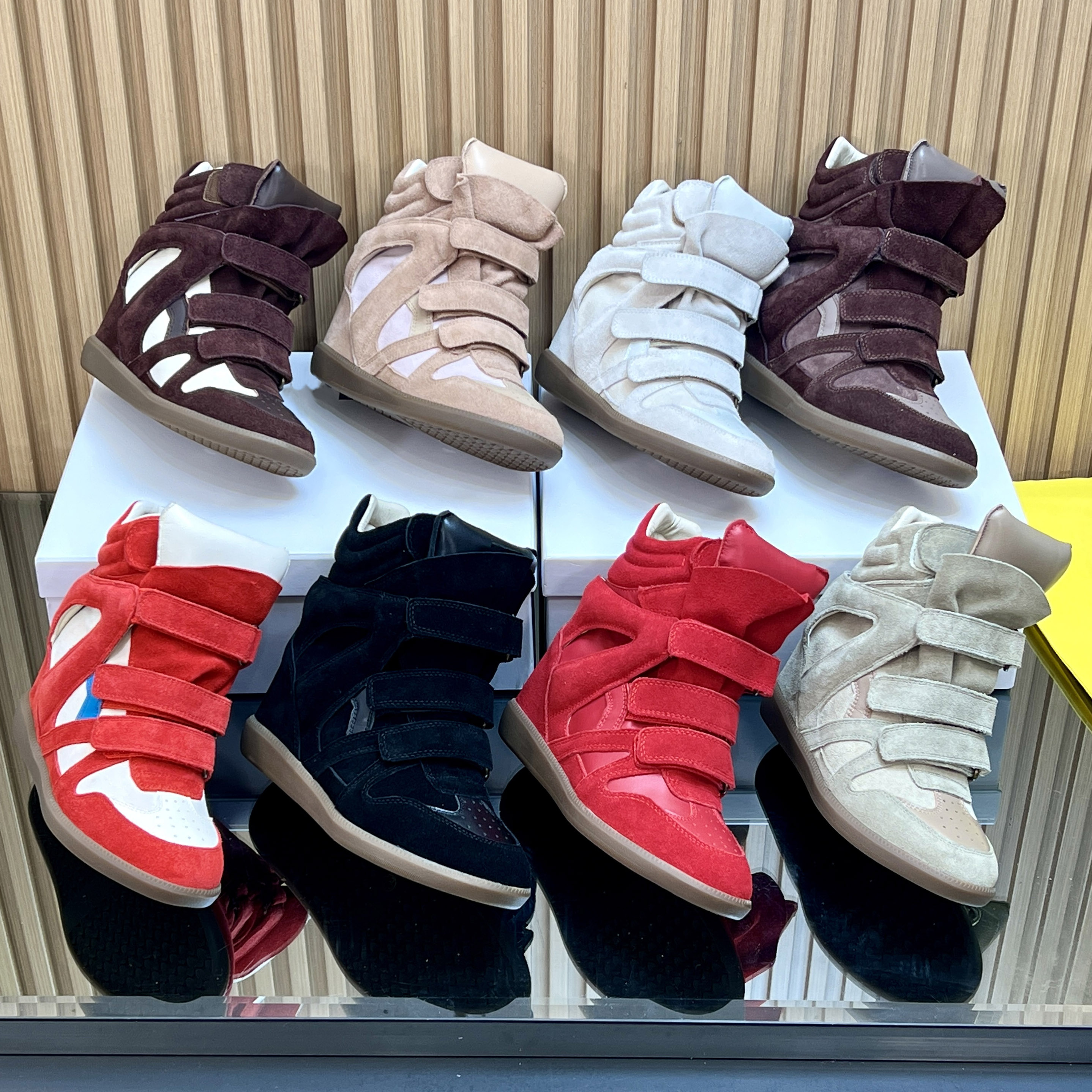 Designer Shoes Isabelle Hot Sale-Black Genuine Leather Bekett Casual Leather-Trimmed Suede Wedge Sneakers Fashion Show High Quality Ankle Boots