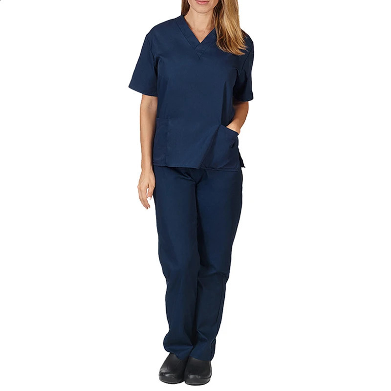 Solid Color V-Neck Short Sleeve Nurse Workers Uniform Women Hospital Doctor Nursing Workwear Set Dental Surgery Clothes 250415