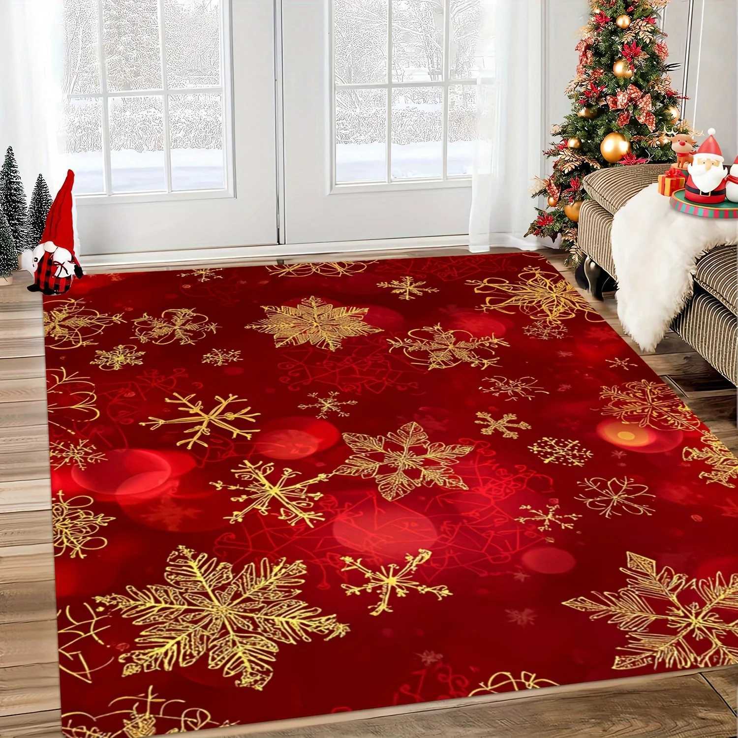 Golden Snowflake Christmas Area Rug - Featuring Red and Gold Design for Living Room Bedroom or EntrywayChristmas DecorationsM251117