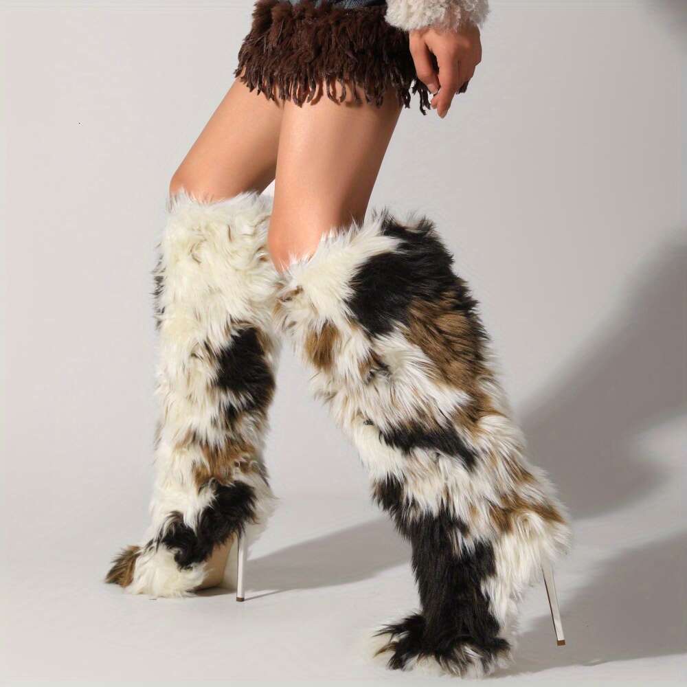 Women Faux Fur Knee High With Kitten Heel Furry Fluffy Pointed Toe Winter Comfy Plush Warm Boots - view 4