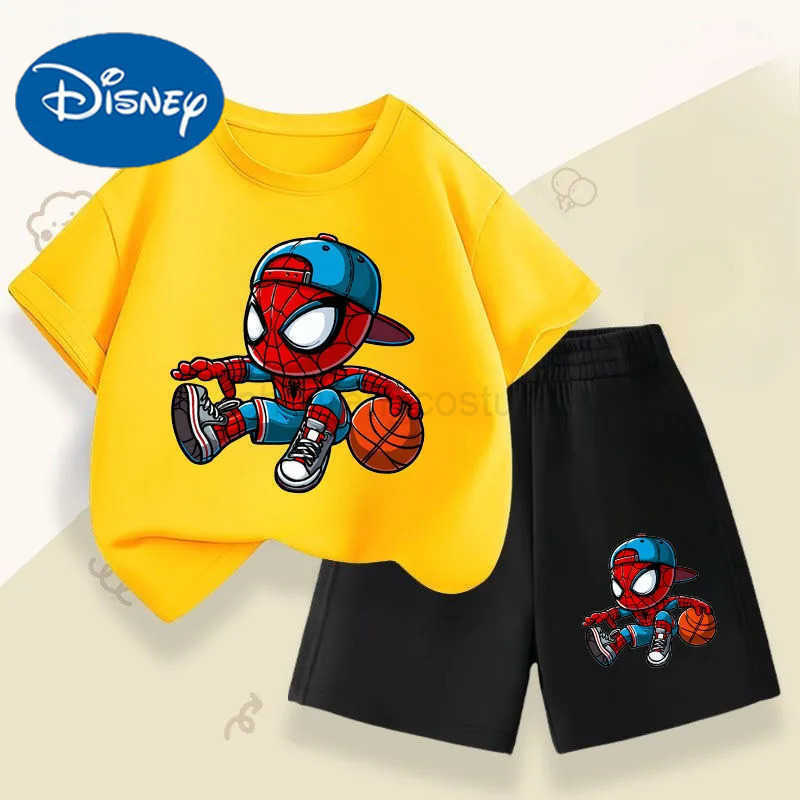 Disney Summer Boys Breathable T Shirt Shorts Two Piece Set Disney Anime Spiderman Kids Casual Outfits Child Short Sleeved Top Suit W20250417