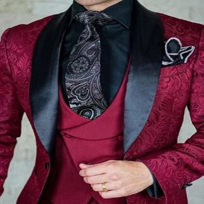Costume Homme Jacquard Men Suits Shawl Lapel Business Wedding Tuxedos Slim Fit Groom Blazer Vest Pants for Prom Party 3 Pieces 250415