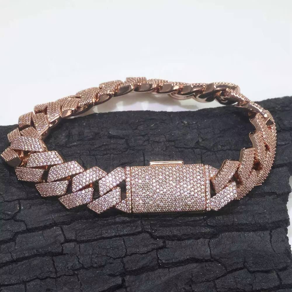 Moissanite Iced Out Diamond Cuban Link Chain Brass Bracelet 15mm 4 Row Prong Design Rose Gold Plated Hip Hop Jewelry Gift