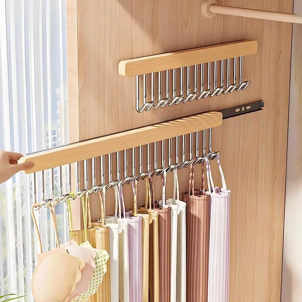 Non Perforated Solid Wood Clothes Hanger for Home Use Expandable Slide Rail Wardrobe Camisole Underwear Storage Tool Practical C251117