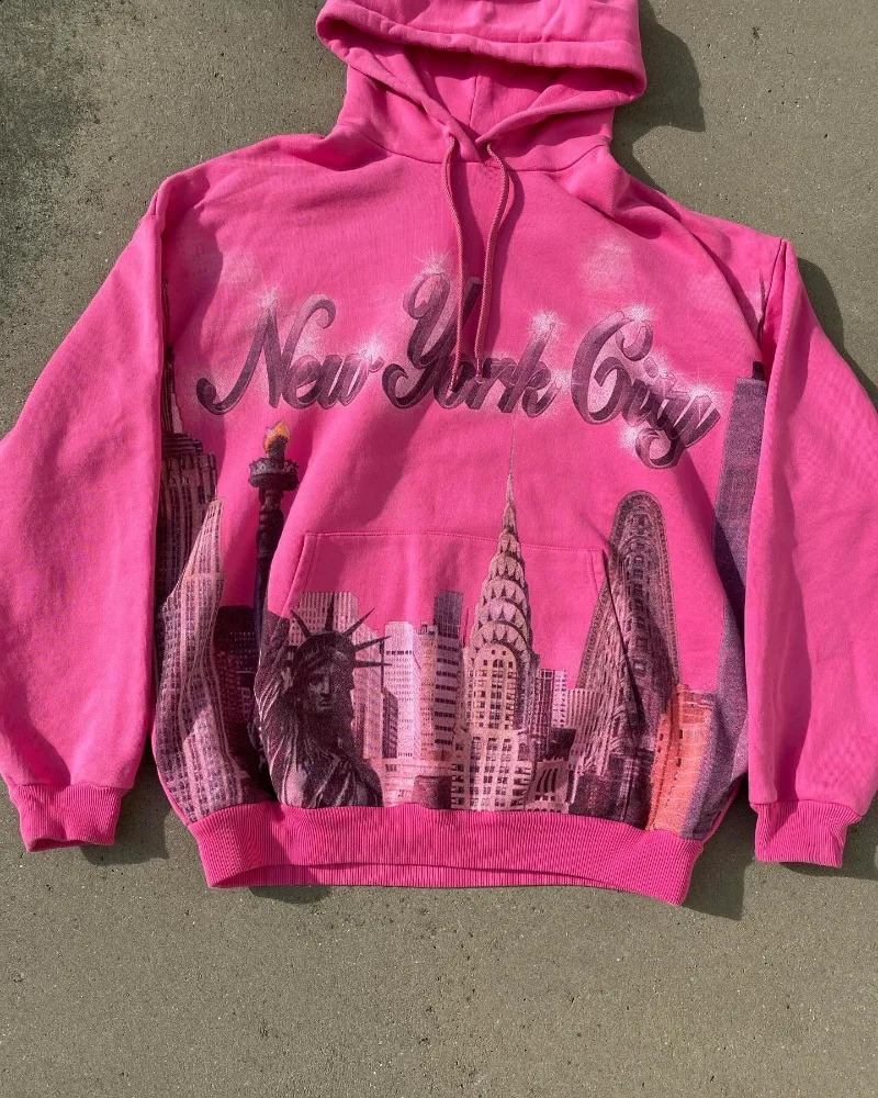 American Statue of Liberty letter pattern printed pink oversized hoodies women y2k hip hop street versatile aesthetic sweatshirt 250415