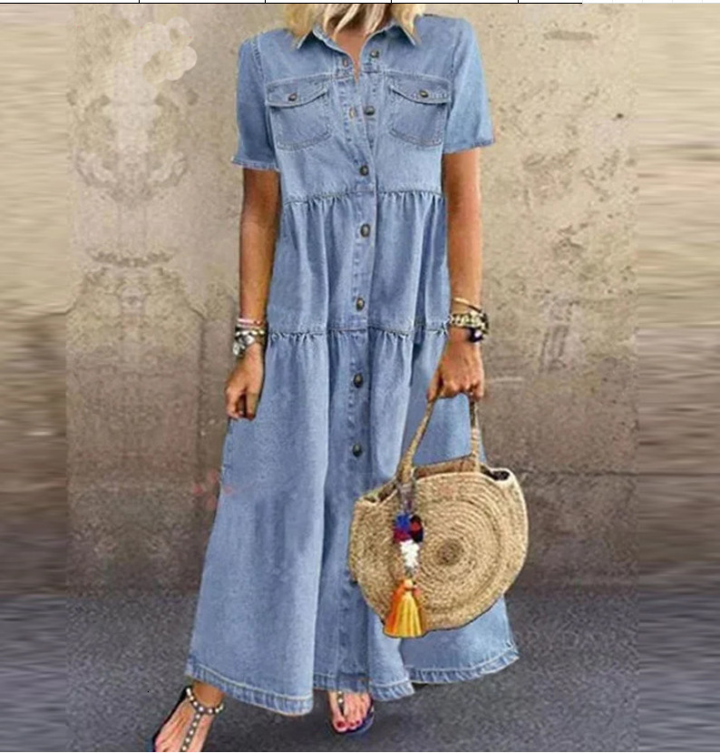2025 Summer Designer Dresses For Woman Quick Selling Outong Denim Style Long Multi Button Vintage Dress